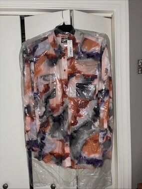 Women’s Abstract Print Button-Down Shirt in Rust and Purple